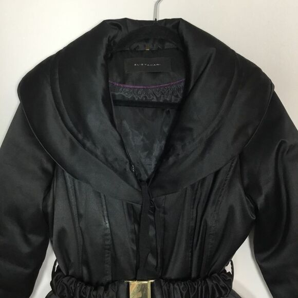 Ellie Tahari black shiny coat oversized collar belt polyester/down/feather sz M - Picture 2 of 10
